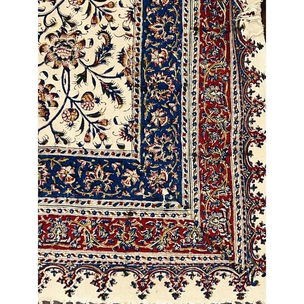 Vintage Isfahan Block-Printed Cotton Tapestry Floral Tablecloth 55